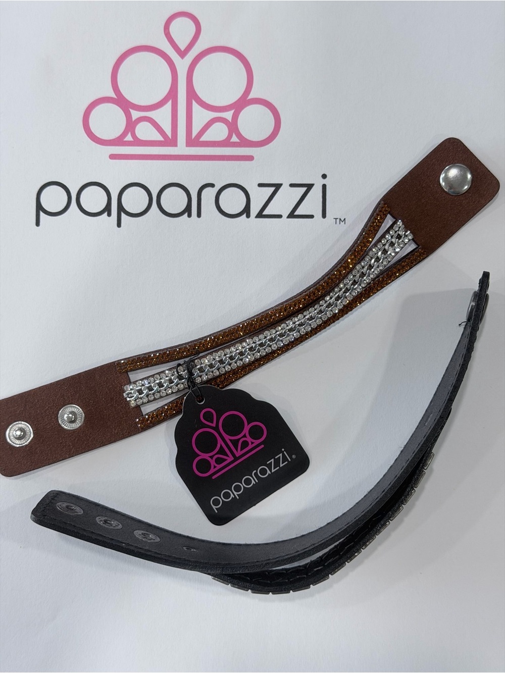 Paparazzi Brown and Black Leather Bracelet Set with Crystal Strips